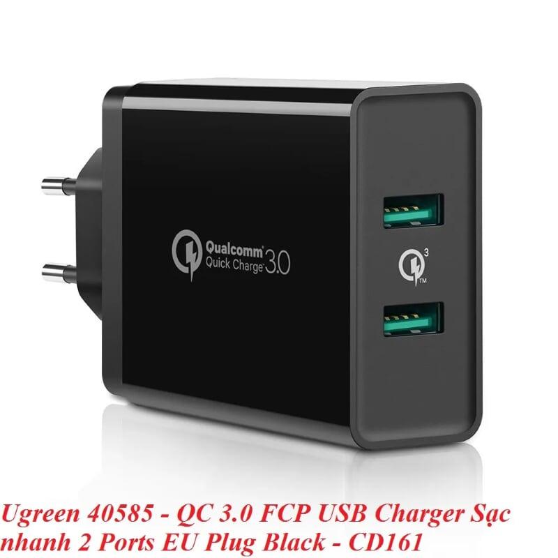 Ugreen UG40585CD161TK Màu Đen Củ sạc nhanh QC 3.0 hỗ trợ 2 cổng USB - HÀNG CHÍNH HÃNG