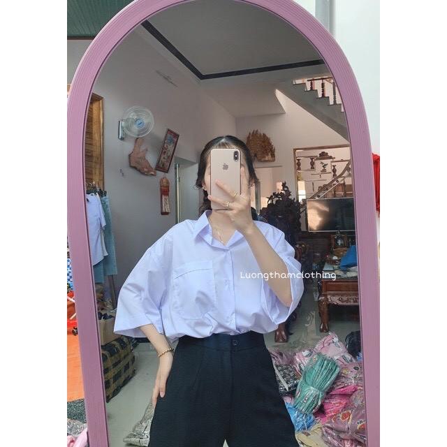 Áo sơ mi nữ tay lỡ có túi from ulzzang rộng các tính Áo sơ mi quốc dân đi học siu xinh