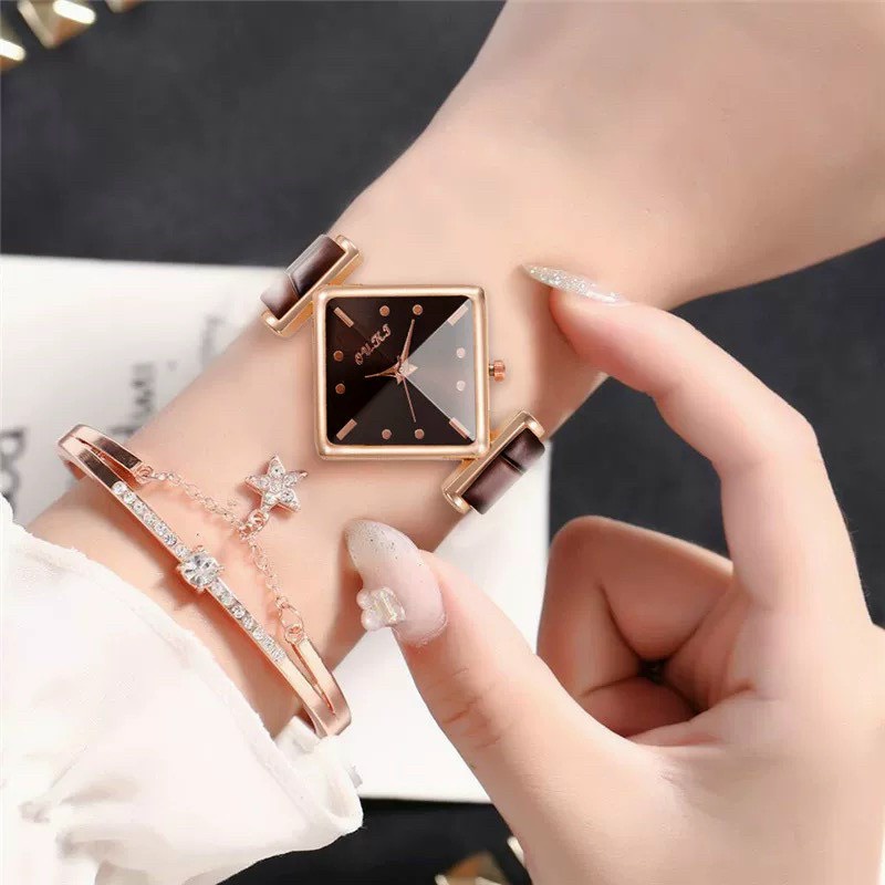 Đồng hồ thời trang nữ DOHORA VN OUKJ DSDH104 mặt hình thoi đa điểm dùng pin mẫu mới cực hot chống nước sinh hoạt nhẹ dây da dành cho học sinh cấp 2 sinh viên - Hàng nhập khẩu