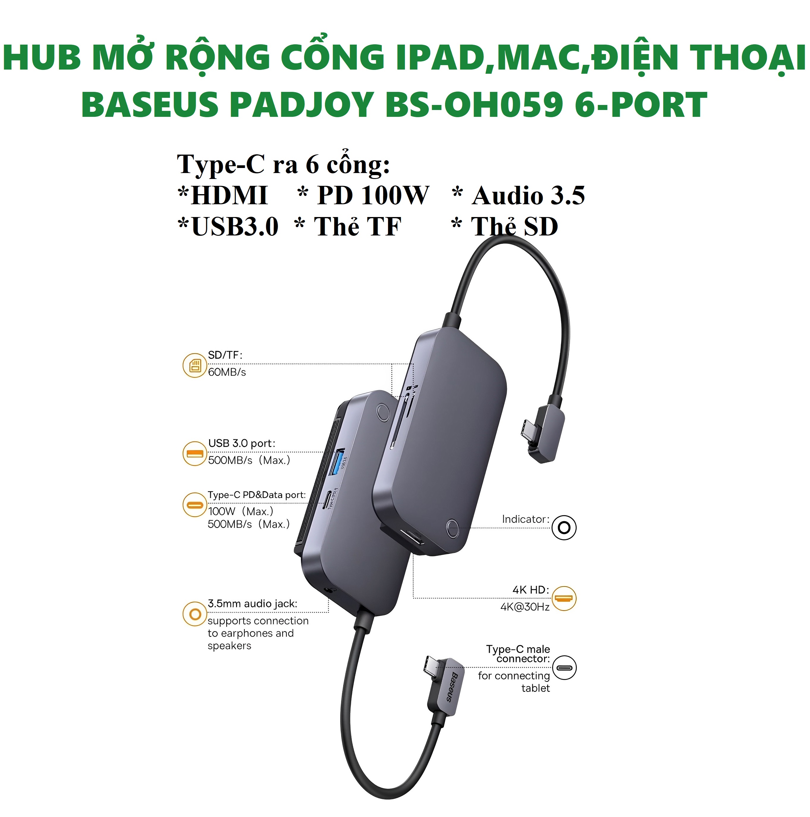 Hub mở rộng cổng type C cho iPad Mac laptop Baseus PadJoy BS-OH058 /  BS-OH059 _  hàng chính hãng