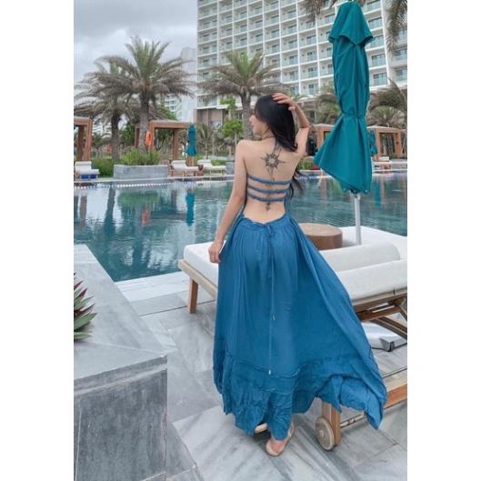 Đầm váy Maxi Bèo Hở Lưng chất đũi vàng xanh xoè dài đi biển dự tiệc dạo phố bigsize gợi cảm sexy