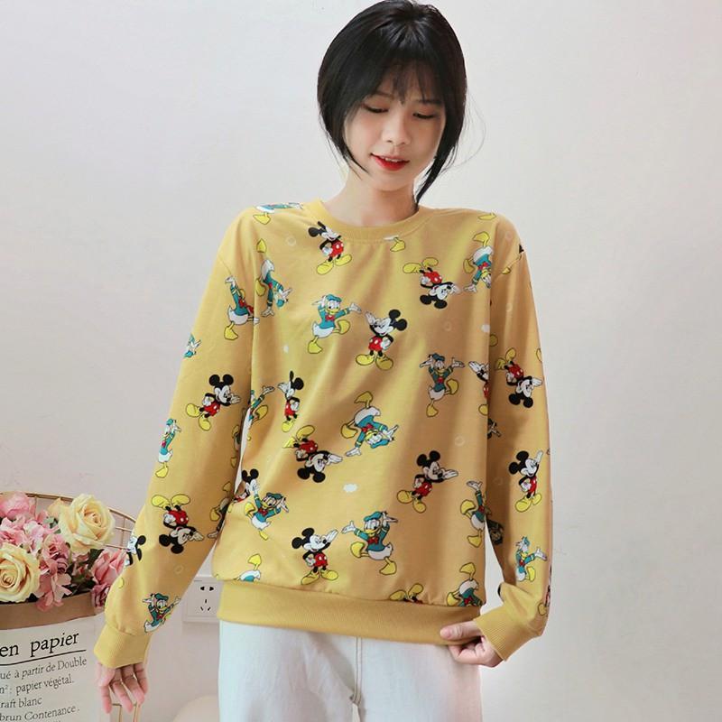 Áo Thun Tay Dài Cổ Tròn Dáng Rộng In Họa Tiết Hoạt Hình Xinh Xắn Cho Nữ