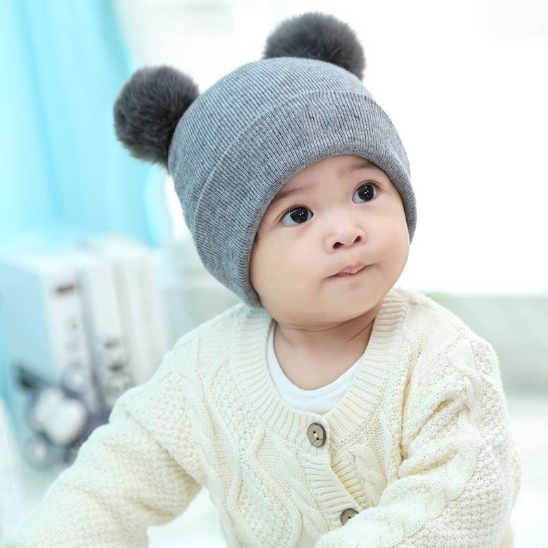 Mũ Len 2 Quả Bông Kèm Khăn Cho Bé Chất Liệu Cao Cấp Cực Đáng Yêu-Xám