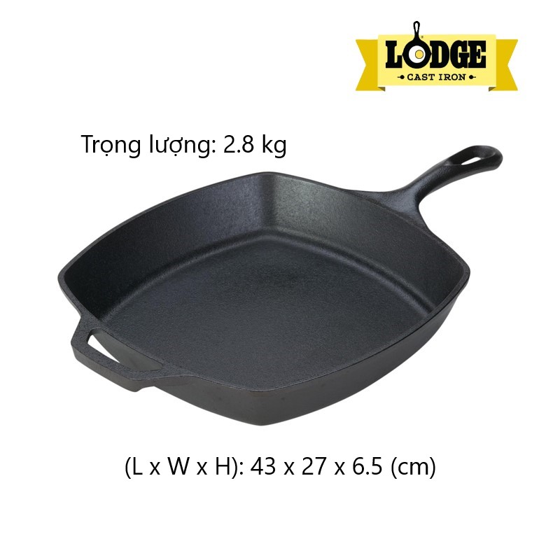 Chảo gang đúc hình vuông, đáy bằng Lodge 26cm - L8SQ3. Chảo dùng nướng, chiên, xào, áp chảo thực phẩm.