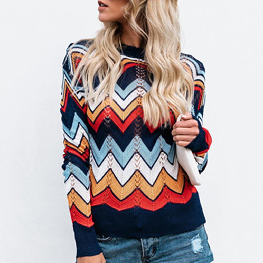 Women's Round Neck Striped Pullover Top Knitted Casual Thin Sweater Coat