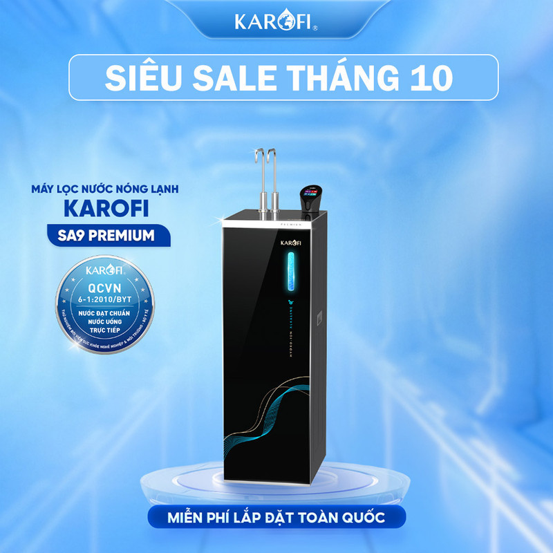 [TẶNG MÁY LỌC KHÔNG KHÍ KAP 317] Máy lọc nước Nóng Lạnh Hydro-ion Kiềm Karofi SA9 PREMIUM - 5 mức kiềm (Nước dưỡng da) - Hàng chính hãng
