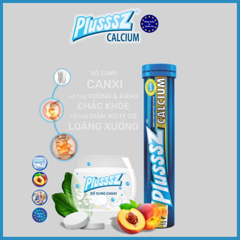 Viên sủi Plusssz Calcium vị Đào và chanh dây không Đường bổ sung canxi dạng hòa tan, dễ hấp thu hỗ trợ sức khỏe xương và răng, hỗ trợ ngăn ngừa loãng xương