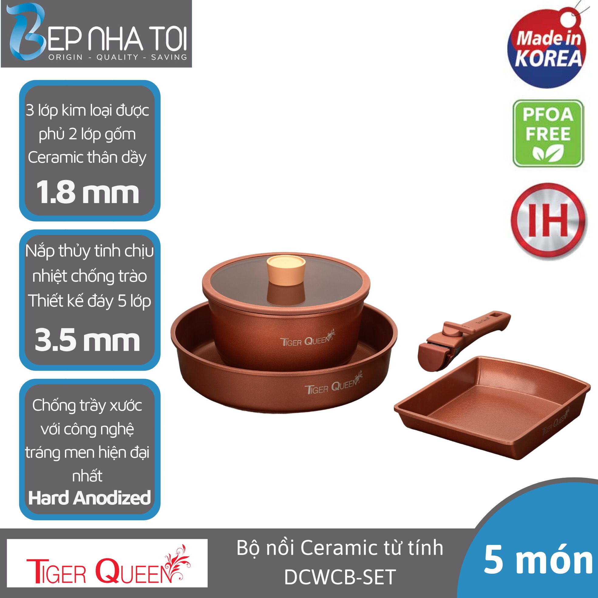 Bộ nồi Ceramic từ tính tay cầm rời Tiger Queen DCWCB-SET [5 món] - Màu nâu chocolate - Chính hãng