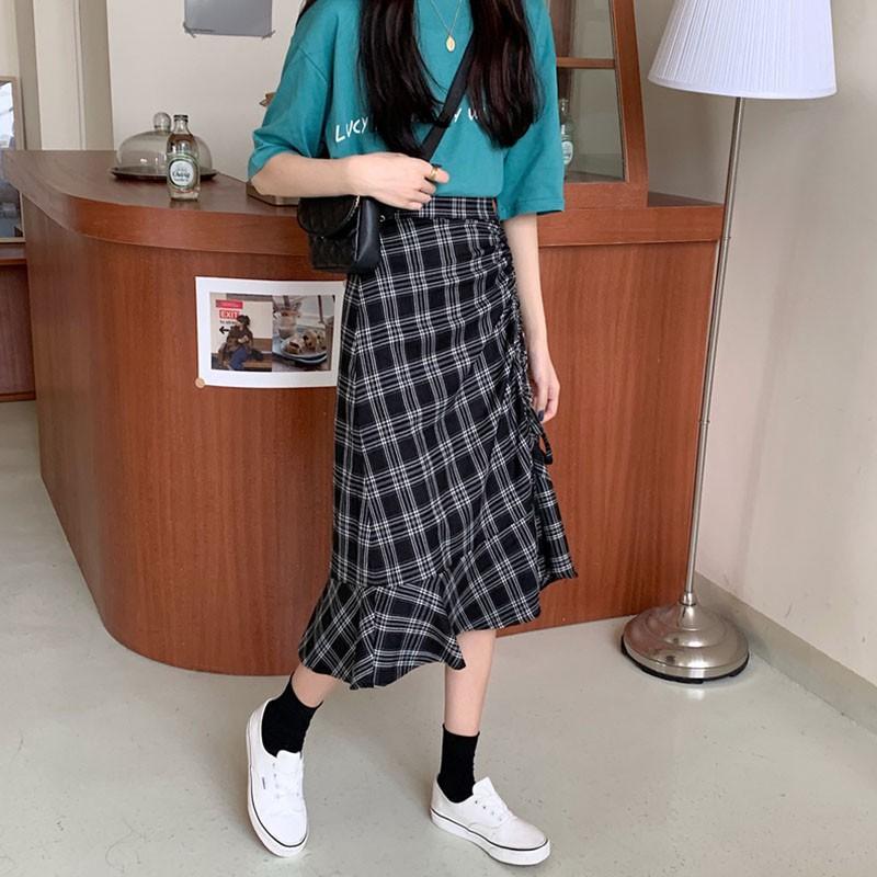 Women Summer Vintage High Waist Wild Plaid Print Skirt Casual Maxi Dress