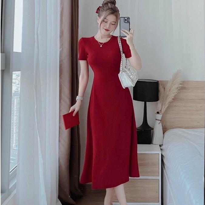 Đầm váy nữ dự tiệc bo tăm tay ngắn lưng hở màu đỏ đen dịp lễ tết sang trọng