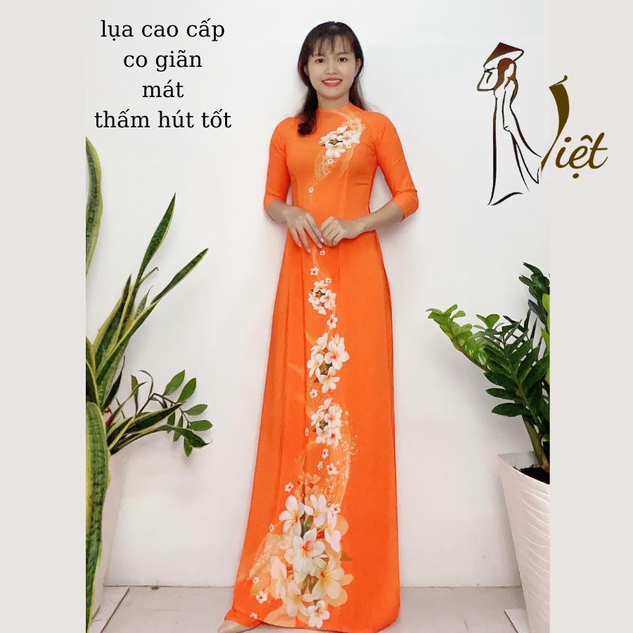 Áo dài truyền thống may sẵn màu cam hoa sứ lụa cao cấp