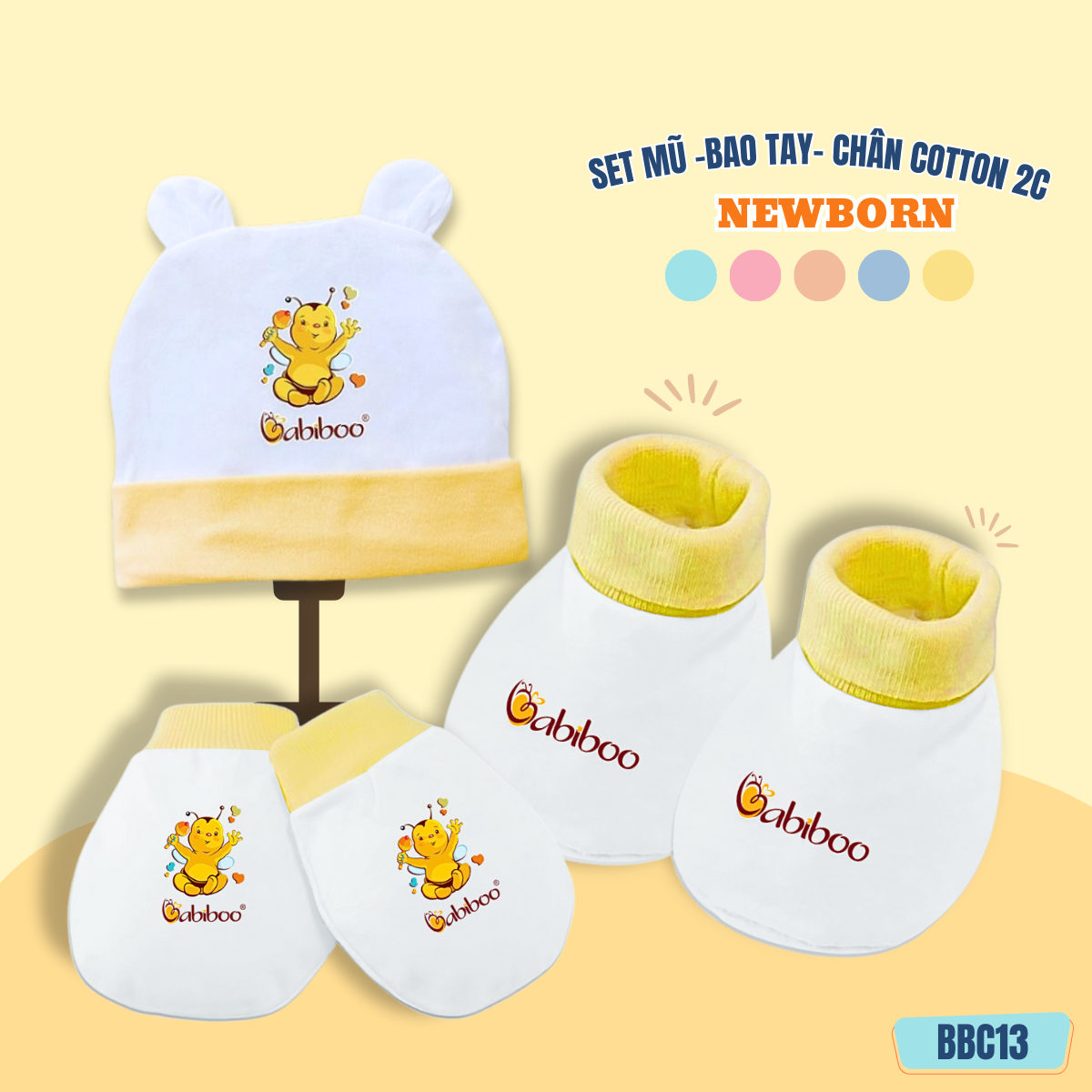 Set nón- bao tay - bao chân cho bé sơ sinh vải cotton mềm mại, trắng viền màu an toàn cho da BBC13