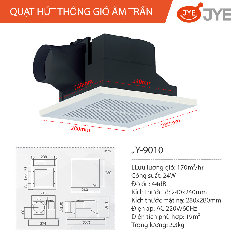 Quạt Hút Thông Gió Gắn Âm Trần JYE (JY-9010) Công Suất 24W, Đường Ống Ngang Dùng Cho Nhà Vệ Sinh &amp; Phòng Tắm, Điện Cơ Taiwan Chất Lượng Cao - Hàng Chính Hãng