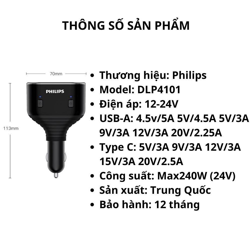 Bộ chia tẩu sạc xe hơi Philips DLP4101 có 2 cổng mở rộng tích hợp cổng USB-A & Type C sạc nhanh trên ô tô - Hàng nhập khẩu