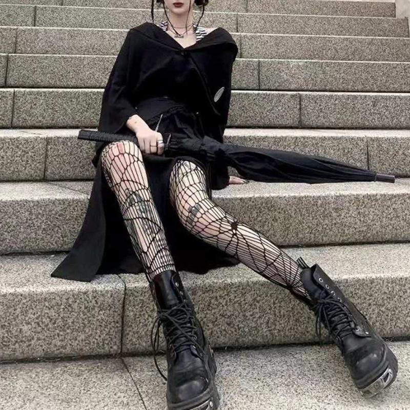 Quần Tất Lưới Dệt Jacquard Kẻ Sọc Khoét Rỗng Lưng Cao Gợi Cảm Phong Cách Punk Harajuku Cho Phụ Nữ Vớ Lolita Lưới Sexy