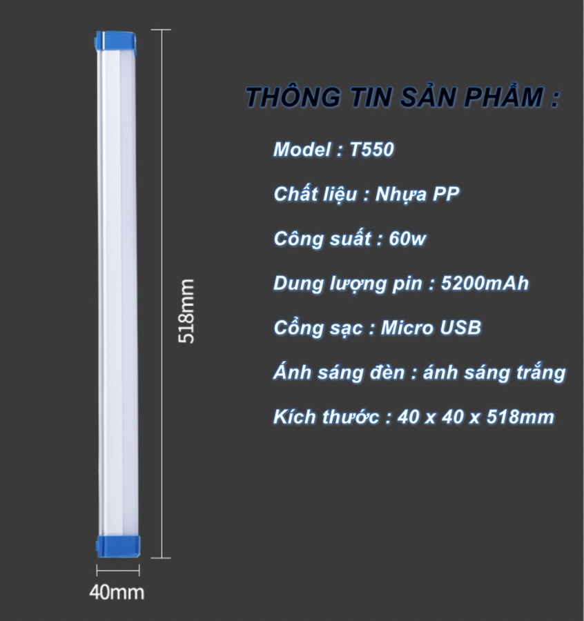 Đèn Led Thanh Outdoor 52cm 60W 5200mAh 3-D7-L1-554