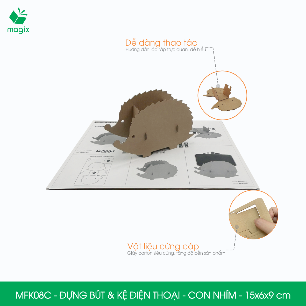 MFK08C - Đựng bút &amp; kệ điện thoại bằng giấy carton - Hộp bút kiểu dáng Con nhím - 15x6x9 cm