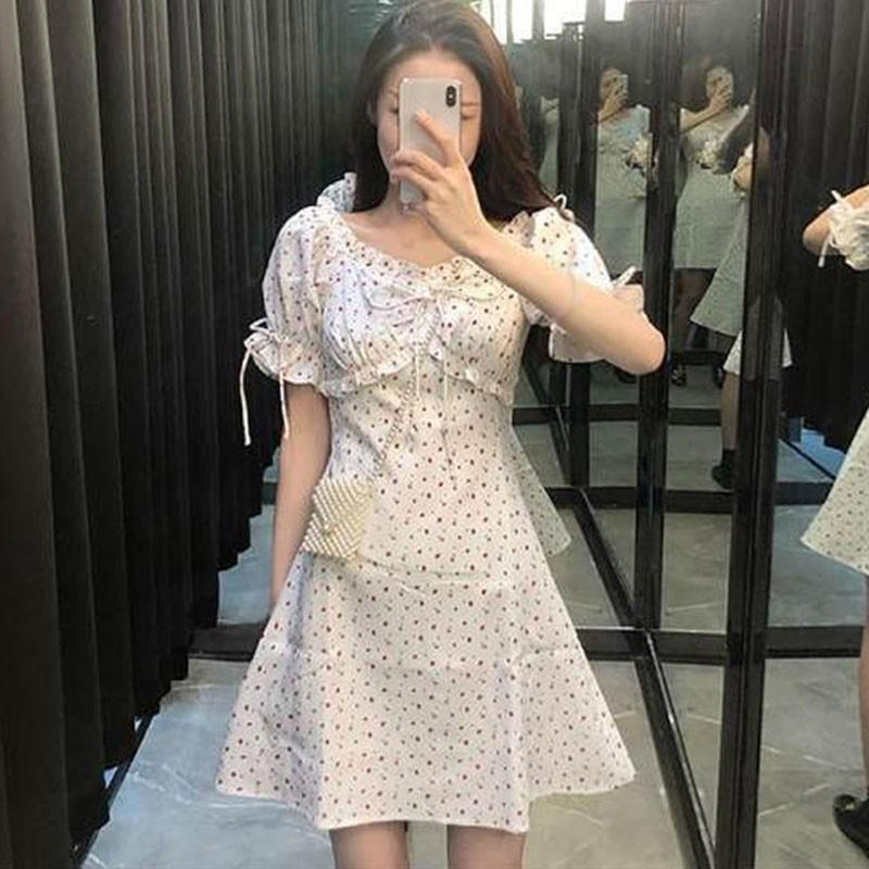 Đầm nữ tay ngắn hoạ tiết trái tim phong cách Hàn Quốc