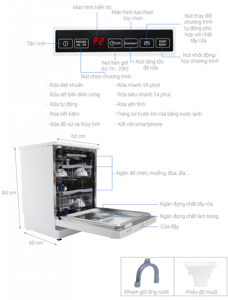 Thông số kỹ thuật Máy rửa chén Candy CDP 2DS62W/T 2150W