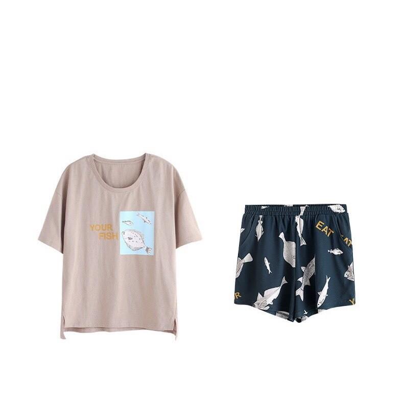 Bộ short nữ cotton áo ghi xám Your fish