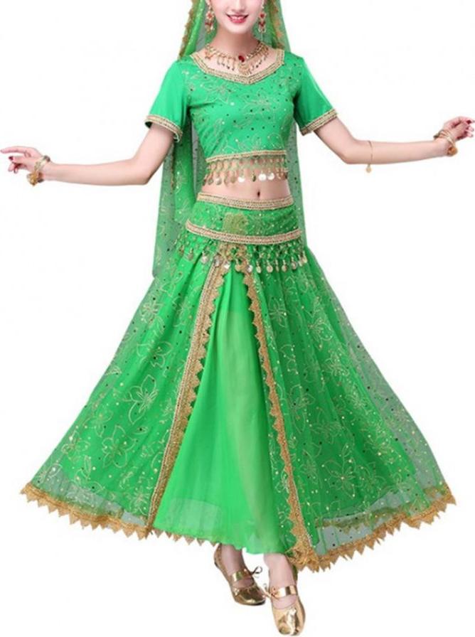 Women Indian Dance Skirt Suit Sweet Bellydance Suit With Sequins Paillettes Performance Costume For Ladies - Green Hanging Coin Girdle Three-Piece Suit