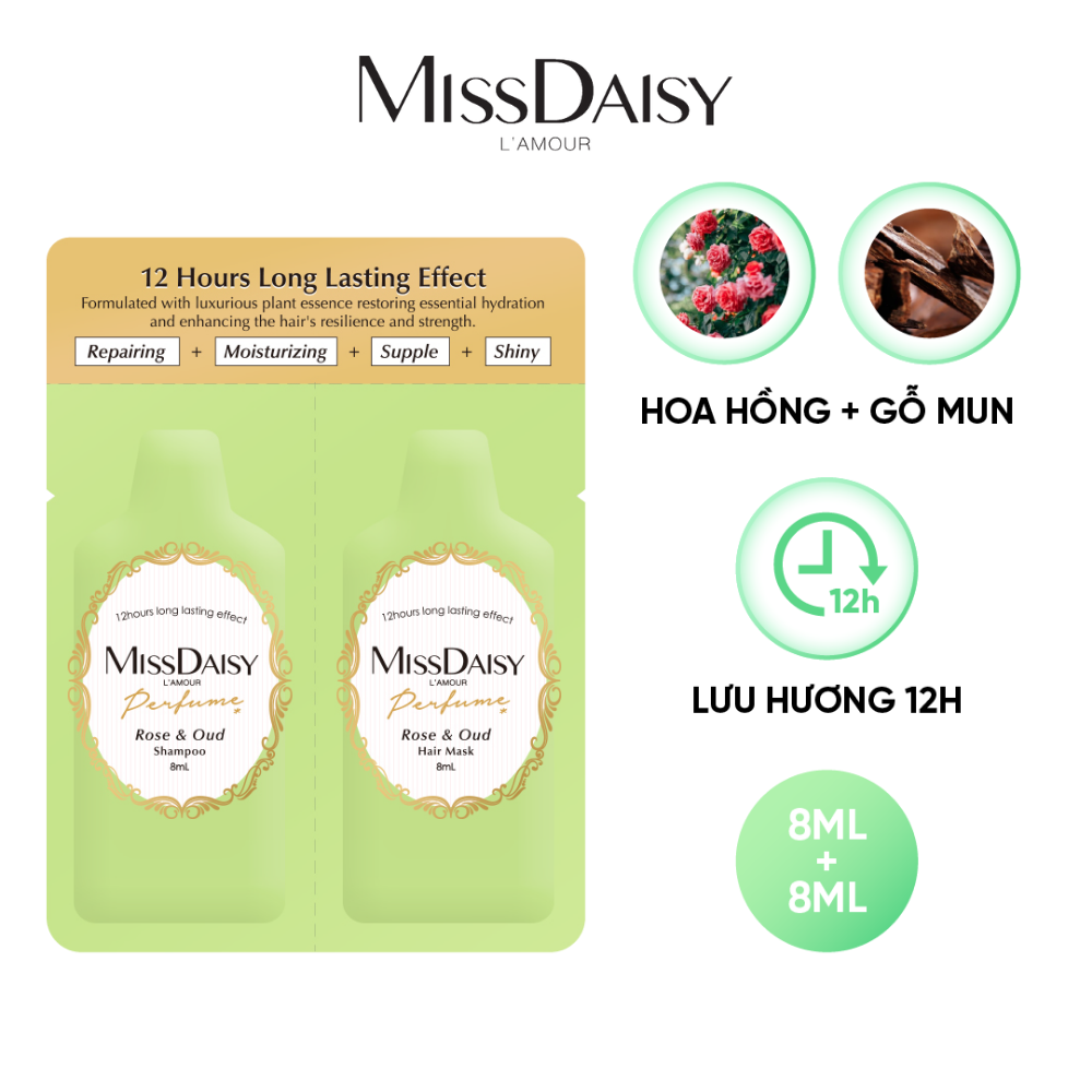 Bộ Dùng Thử Chăm Sóc Tóc Hương Nước Hoa MISSDAISY Chiết Xuất Hoa Hồng Bungari &amp; Gỗ Mun