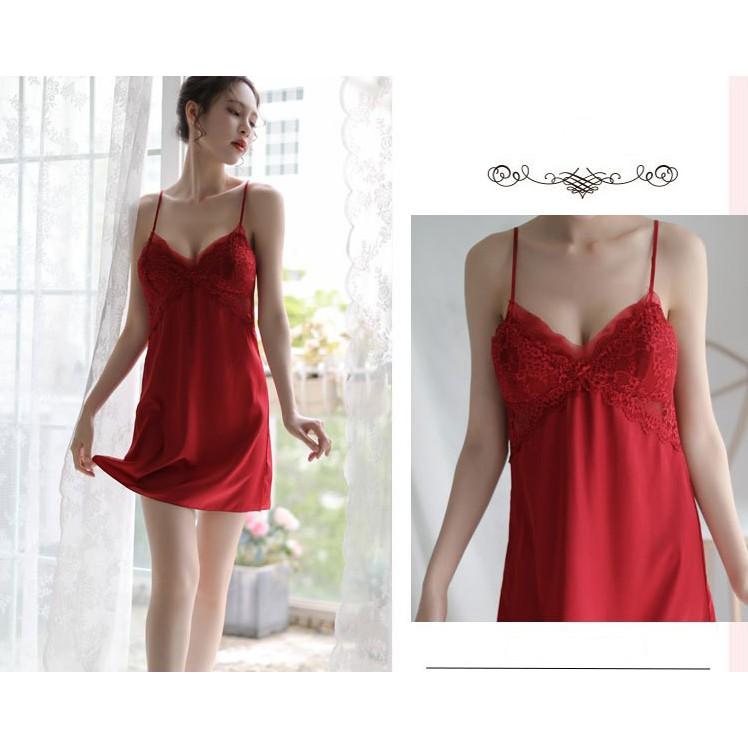 Váy ngủ lụa cao cấp phối ren có đệm ngực - Mẫu mới DN16