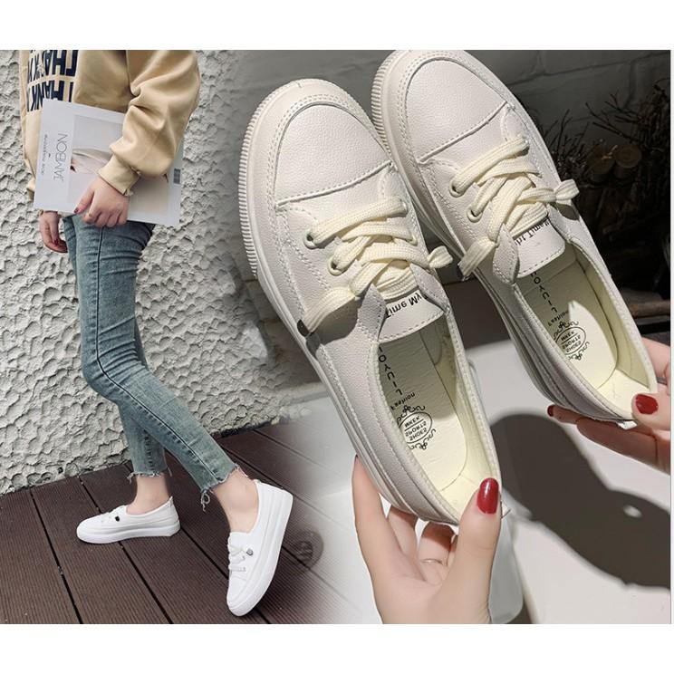 Giầy thể thao nữ cổ thấp,giày slip on nữ dây rút kiểu dáng hàn quốc trẻ trung da mềm cực êm chân