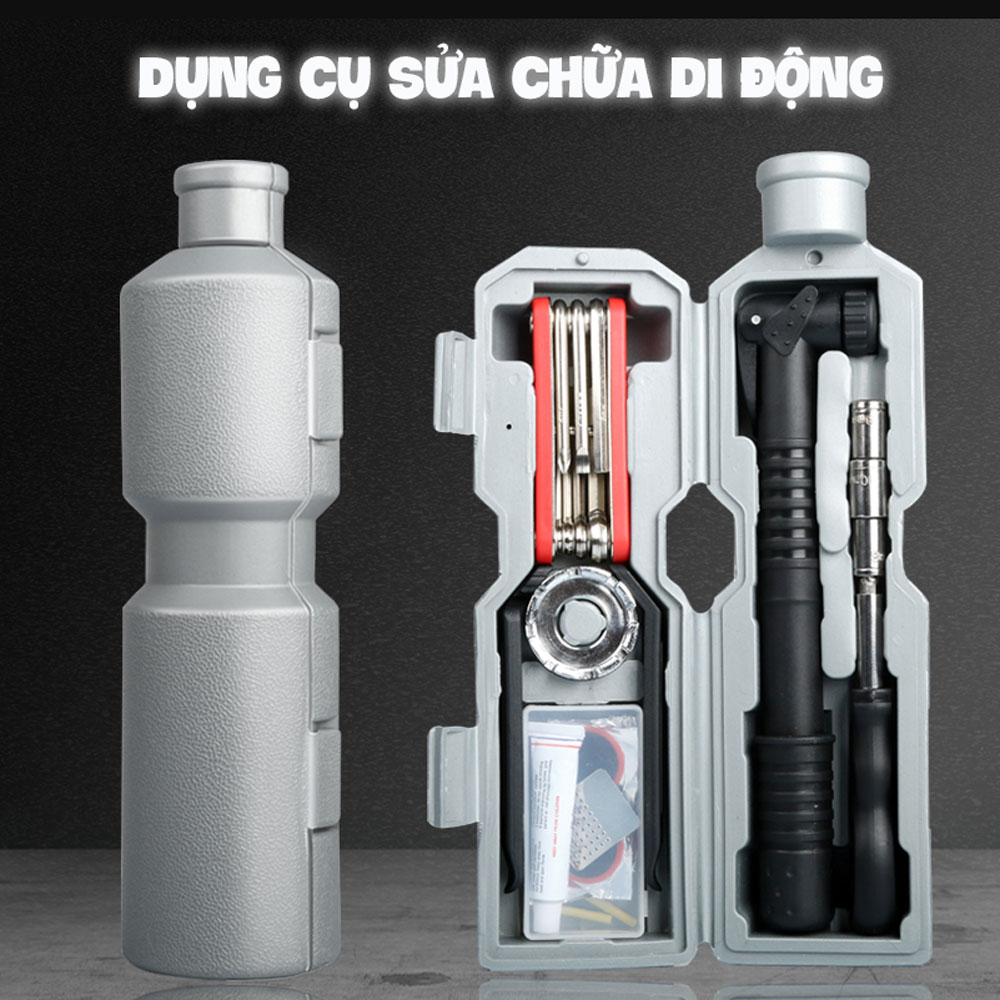 Bộ Dụng Cụ Sửa Chữa Xe Đạp Di Động Bơm Lốp Đa Năng Mini Và Vá Săm Xe Đạp Gắn Sườn Xe (Dạng Bình Nước) MaiLee