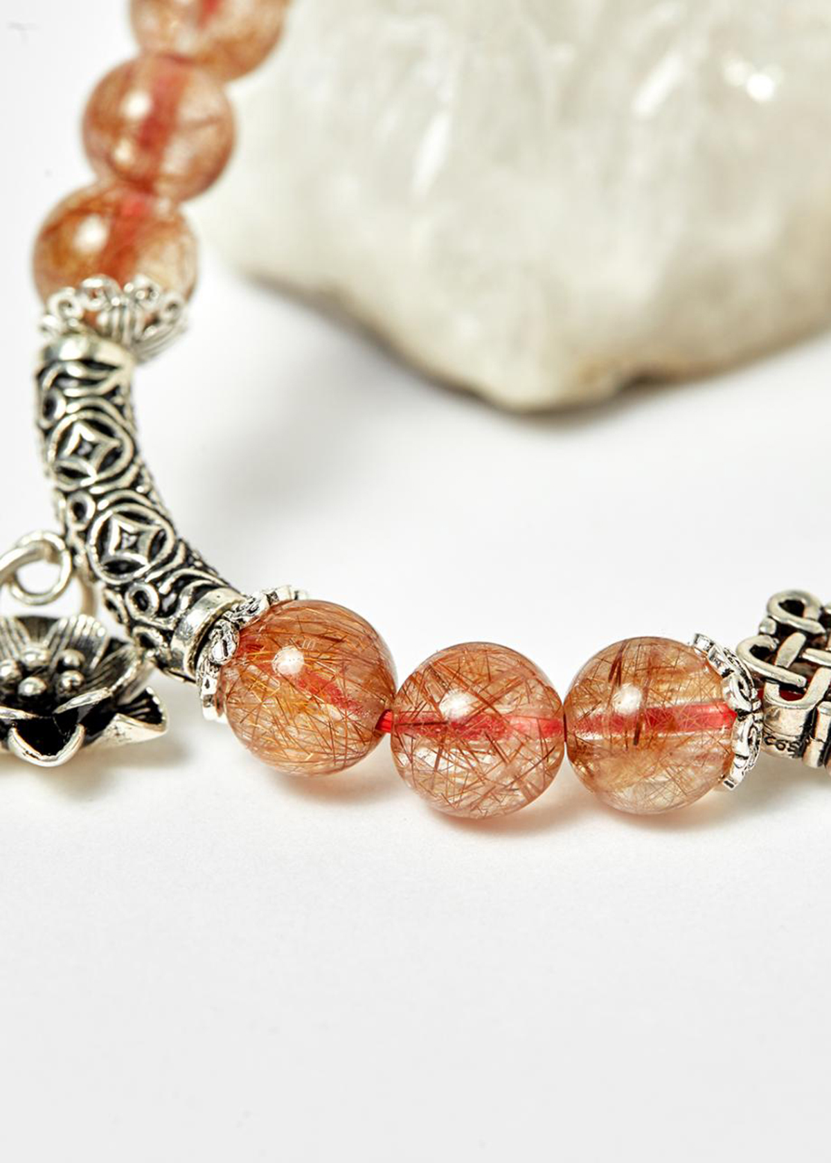 Vòng thạch anh tóc đỏ phối charm bạc mệnh hỏa, thổ - Ngọc Quý Gemstones