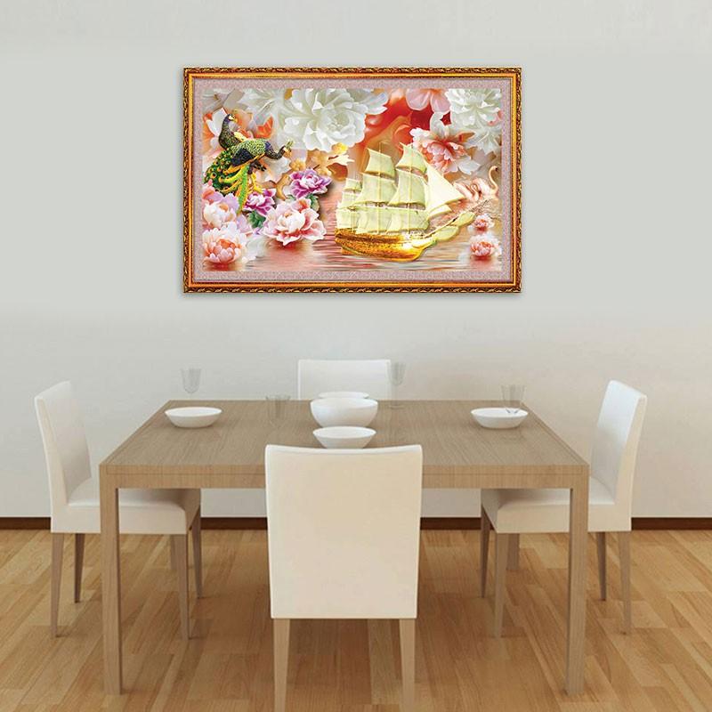Tranh Kim Tiền Như Ý Cát Tường, Thuận buồm xuôi gió, chim công đẹp - W1564