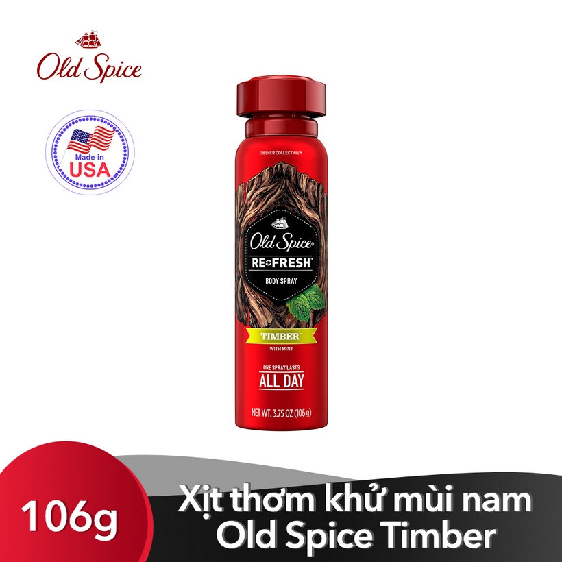 Xịt thơm khử mùi nam Old Spice Refresh Body Spray Timber 106g (Mỹ)