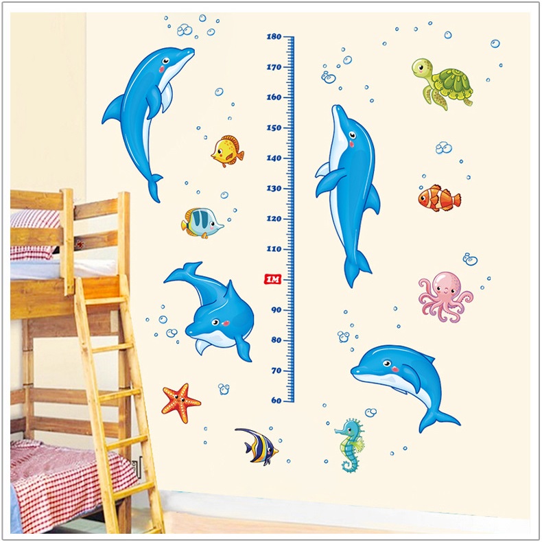 Decal dán tường thước đo Cá heo nhảy múa AmyShop