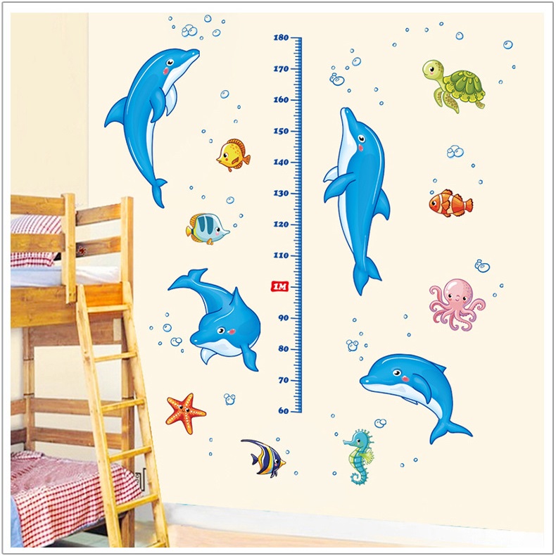 Decal dán tường thước đo Cá heo nhảy múa AmyShop (160 x 110cm)