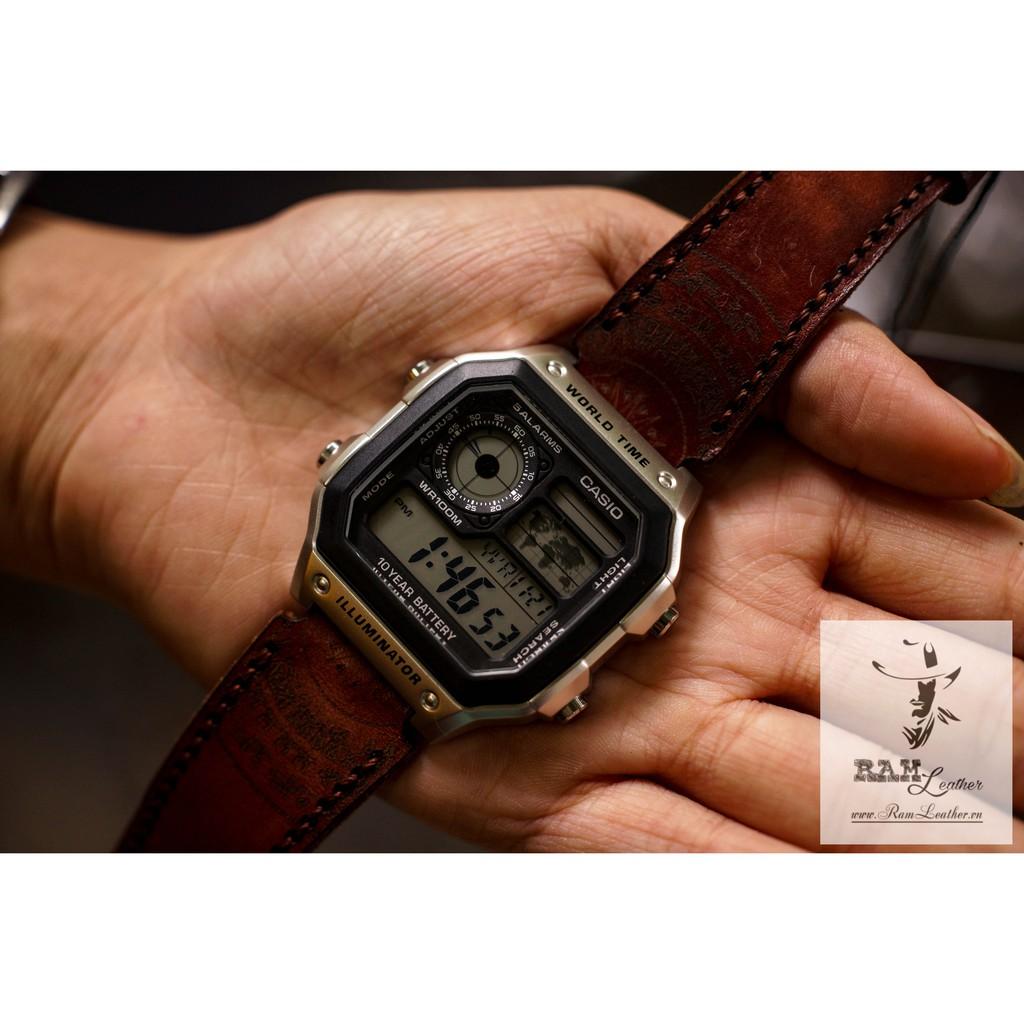 DÂY ĐỒNG HỒ TRỐNG ĐỒNG CASIO AE1200/SEIKO5 DA BÒ THẬT LIGHT BROWN