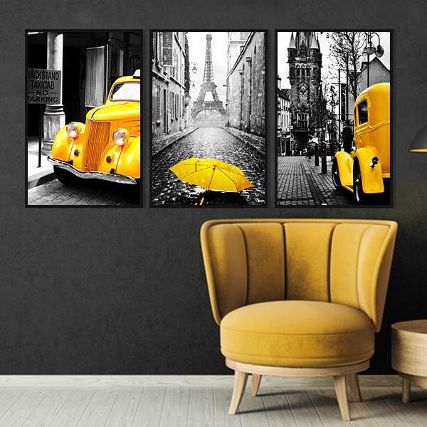 Bộ 3 Tranh Treo Tường Scandinavian "Umbrella And Car" - W270