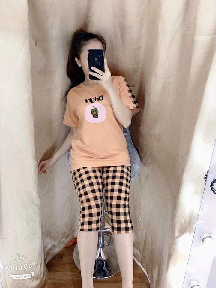 Đồ bộ cotton lửng sọc caro in logo dễ thương