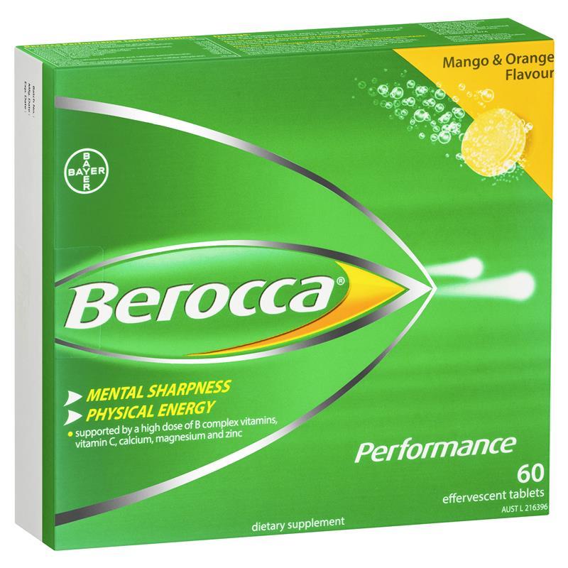 Berocca Energy Vitamin Mango & Orange Effervescent Tablets 60 pack Exclusive Size