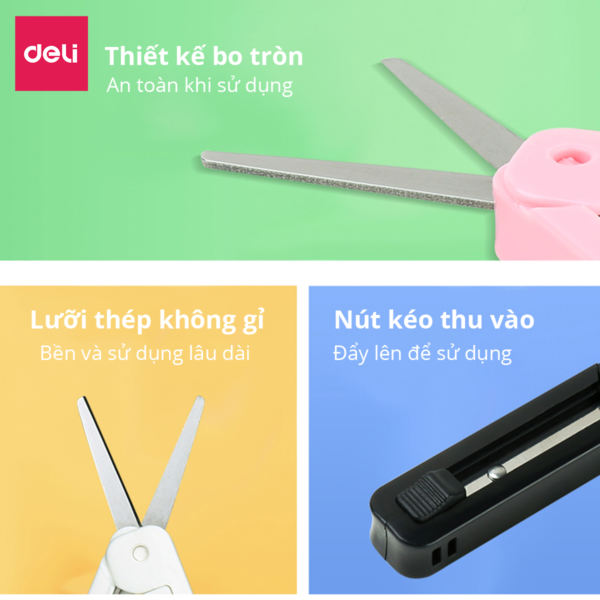 Kéo mini tiện lợi 105mm Deli - 5 màu Đen/ Xanh/ Hồng/ Trắng - Dành cho văn phòng, học sinh, sắc bén - 6072