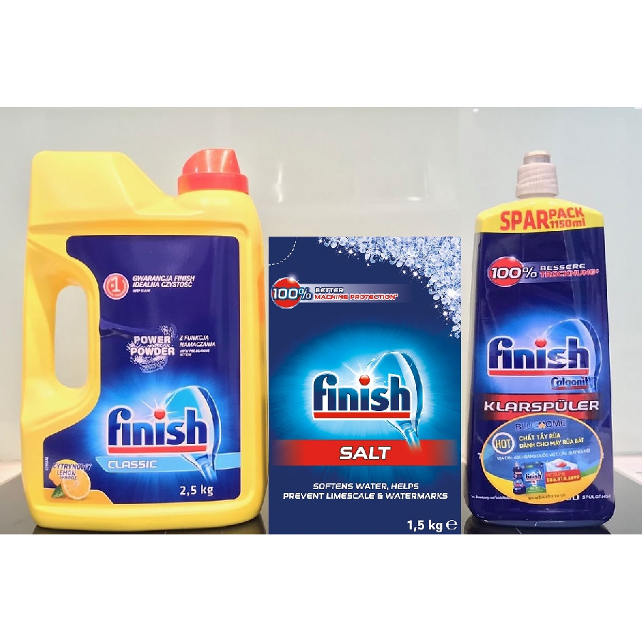 Bộ 3 sản phẩm Bột rửa bát finish 2.5kg+nước bóng 1150ml+Muối rửa chén finish 1.5kg cho Máy