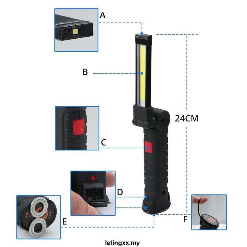 Đèn Pin Led Cob 5 Chế Độ Sạc Usb Thiết Kế Từ Tính Chống Thấm Nước 2 Kích Thước