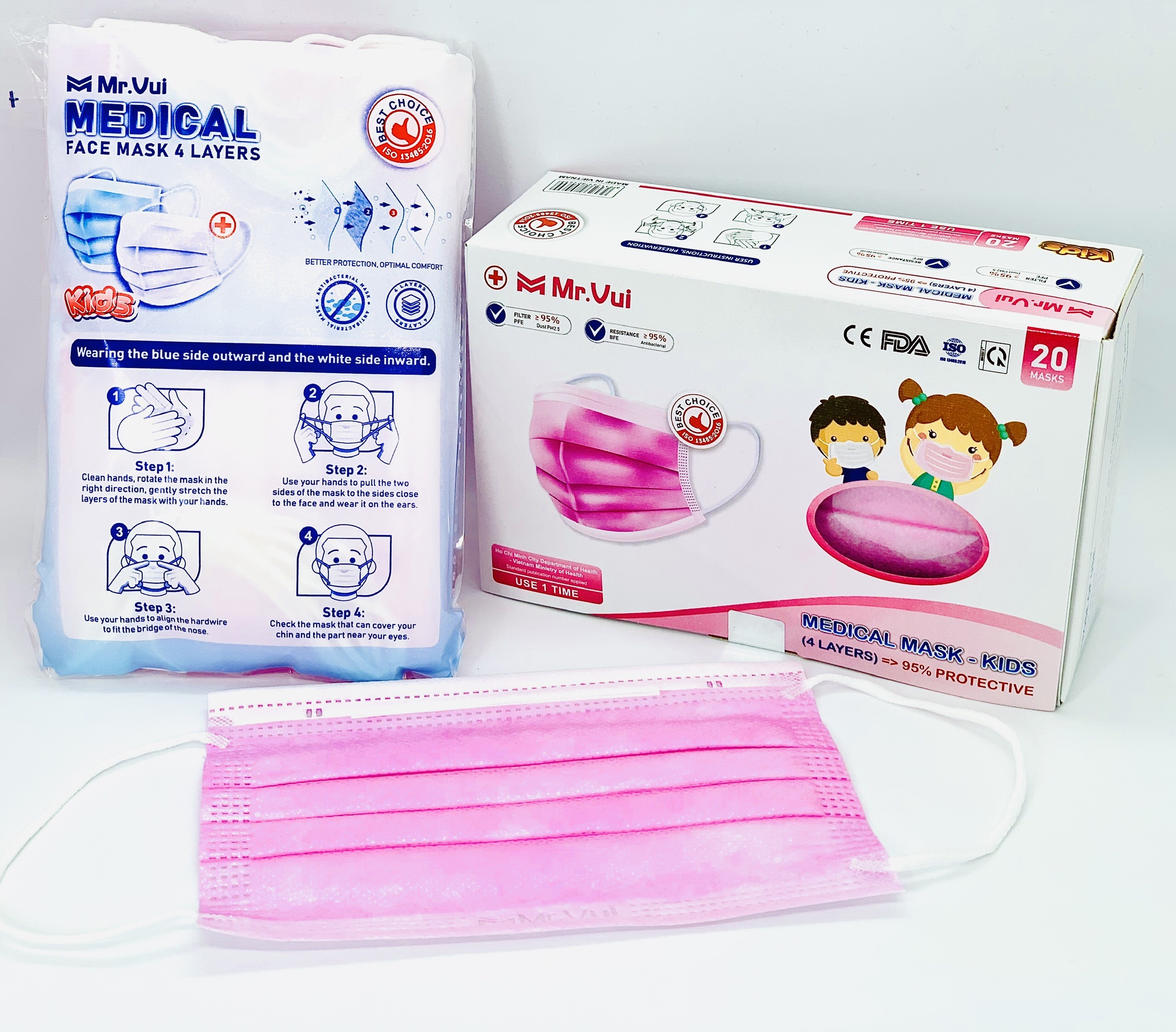 KHẨU TRANG Y TẾ 4 LỚP CHO TRẺ EM Mr.VUI - VẢI KHÔNG DỆT KHÁNG KHUẨN – HỘP 20 CÁI – MÀU HỒNG