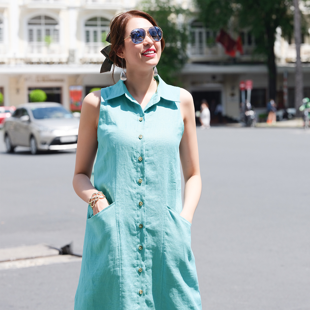 Đầm Sơ Mi Đầm Suông Đầm Linen Đầm Trẻ Trung Thời trang thiết kế Hity DRE144 (Xanh Thiên Thai) 