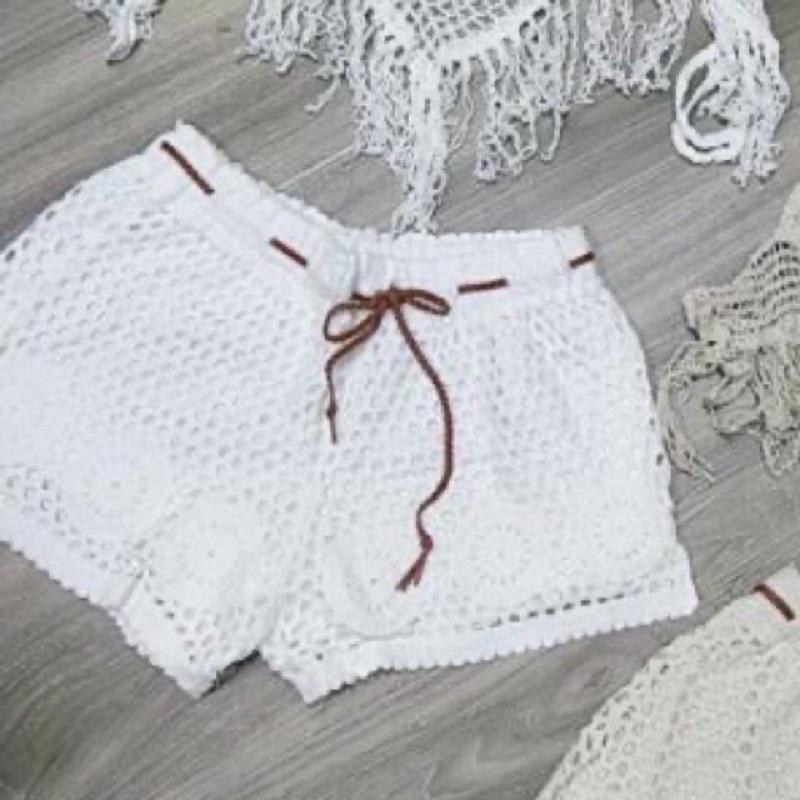 Set ren đi biển áo bra tua rua tam giác + quần ren có dây buộc