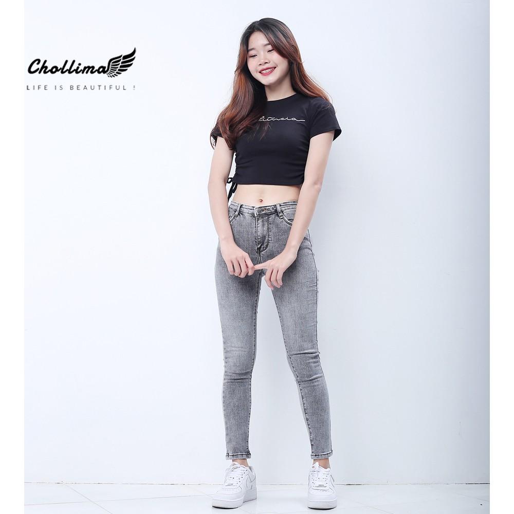 Quần jeans dài nữ co giãn Chollima cạp thường màu xám trắng QD029