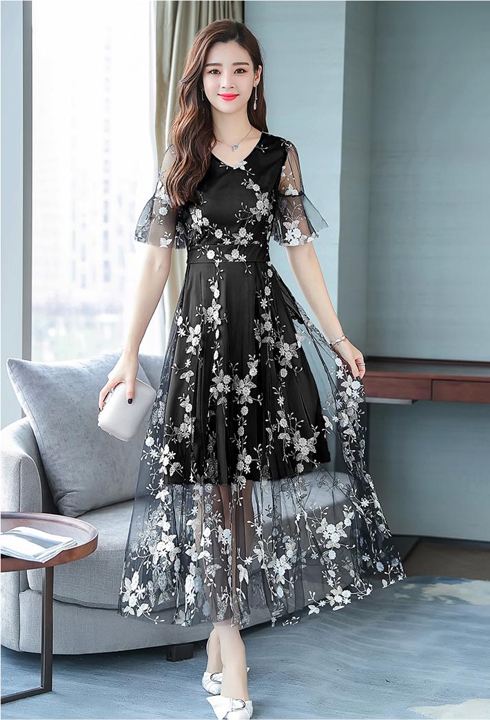 Đầm xòe phủ lưới thêu hoa sang trọng size từ 40 đến 71kg