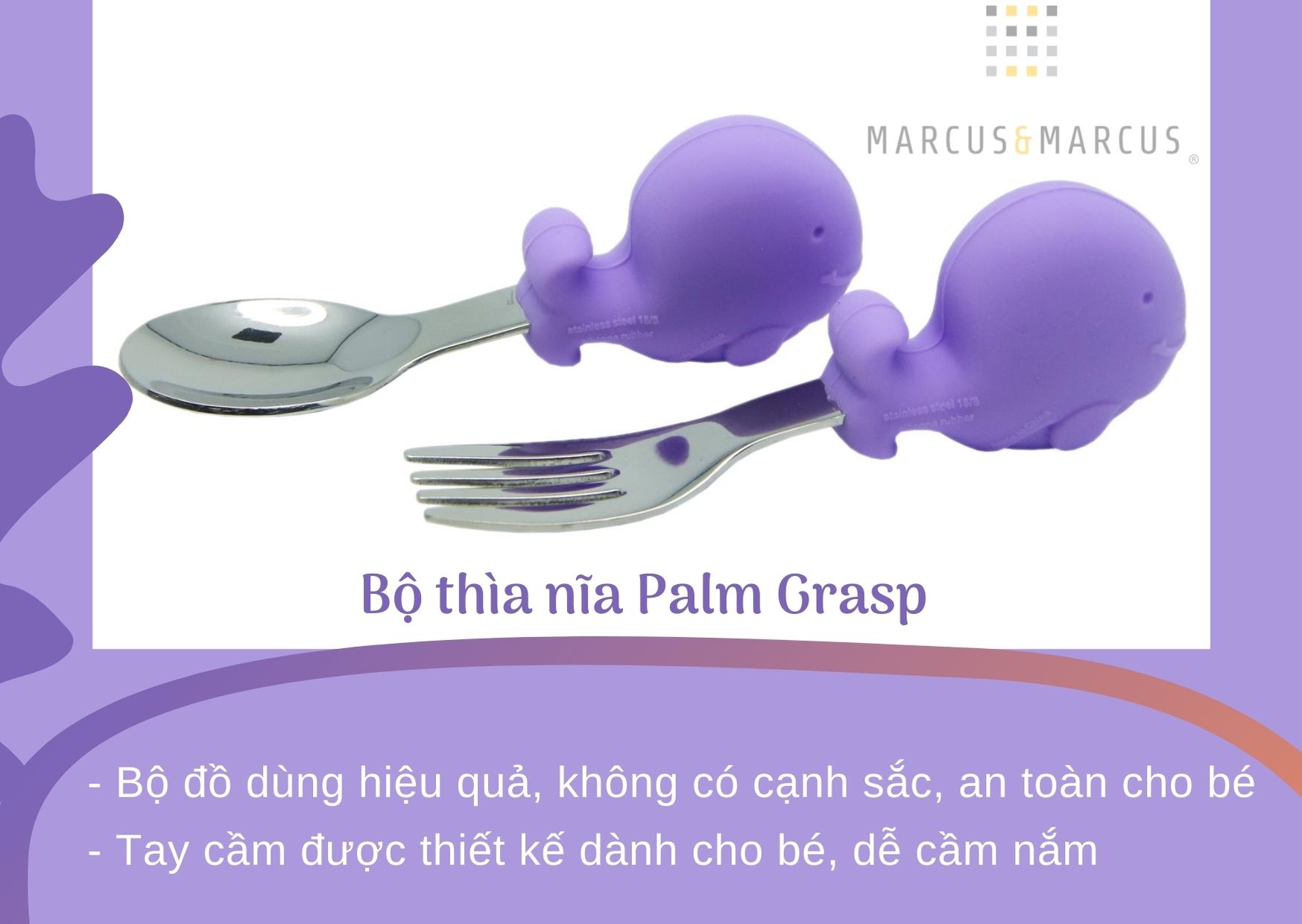 Bộ thìa nĩa tập ăn cho bé Palm Grasp Marcus &amp; Marcus, từ 18 tháng