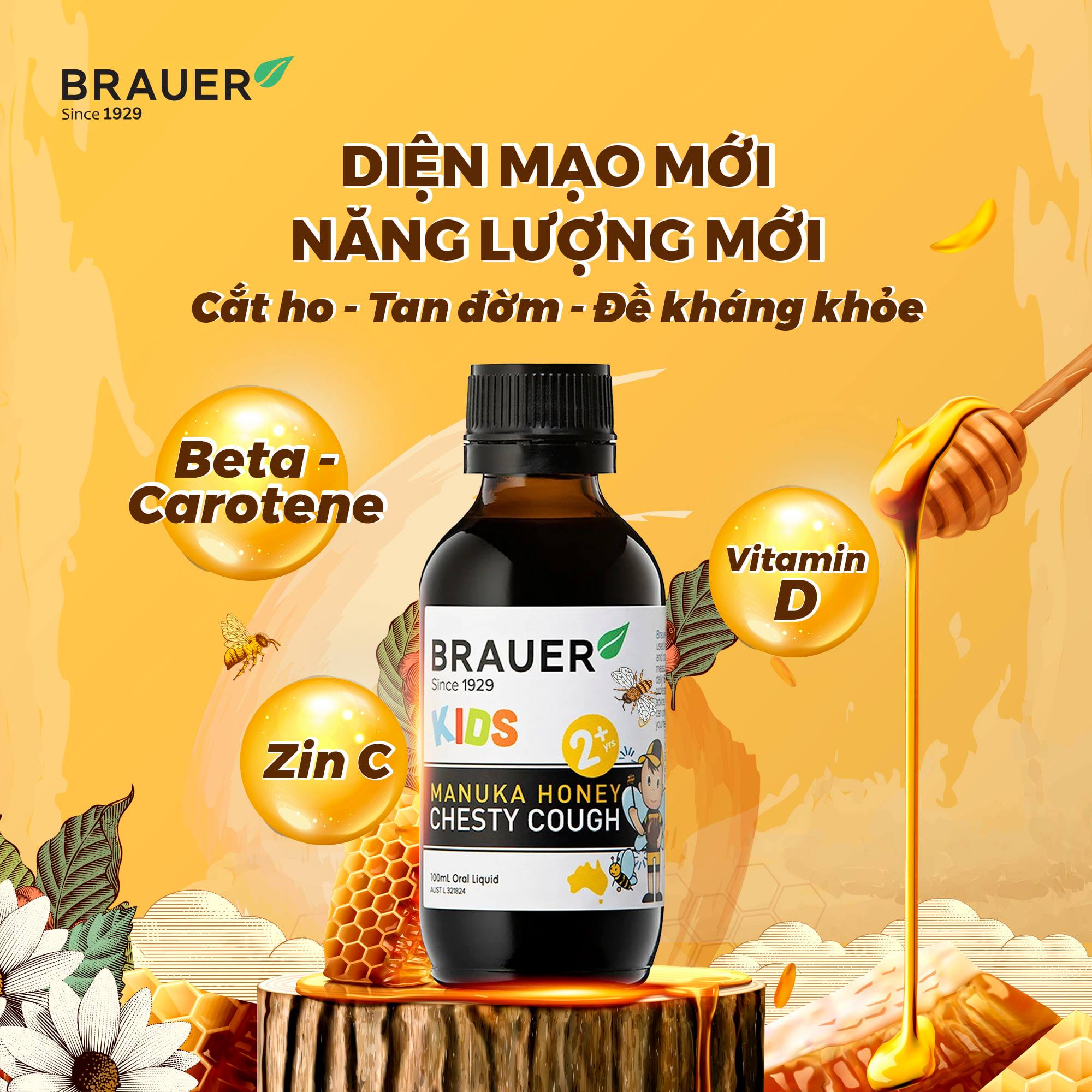 Siro giảm ho có đờm Brauer Kids Manuka Honey Chesty Cough cho bé trên 2 tuổi (100 ml)