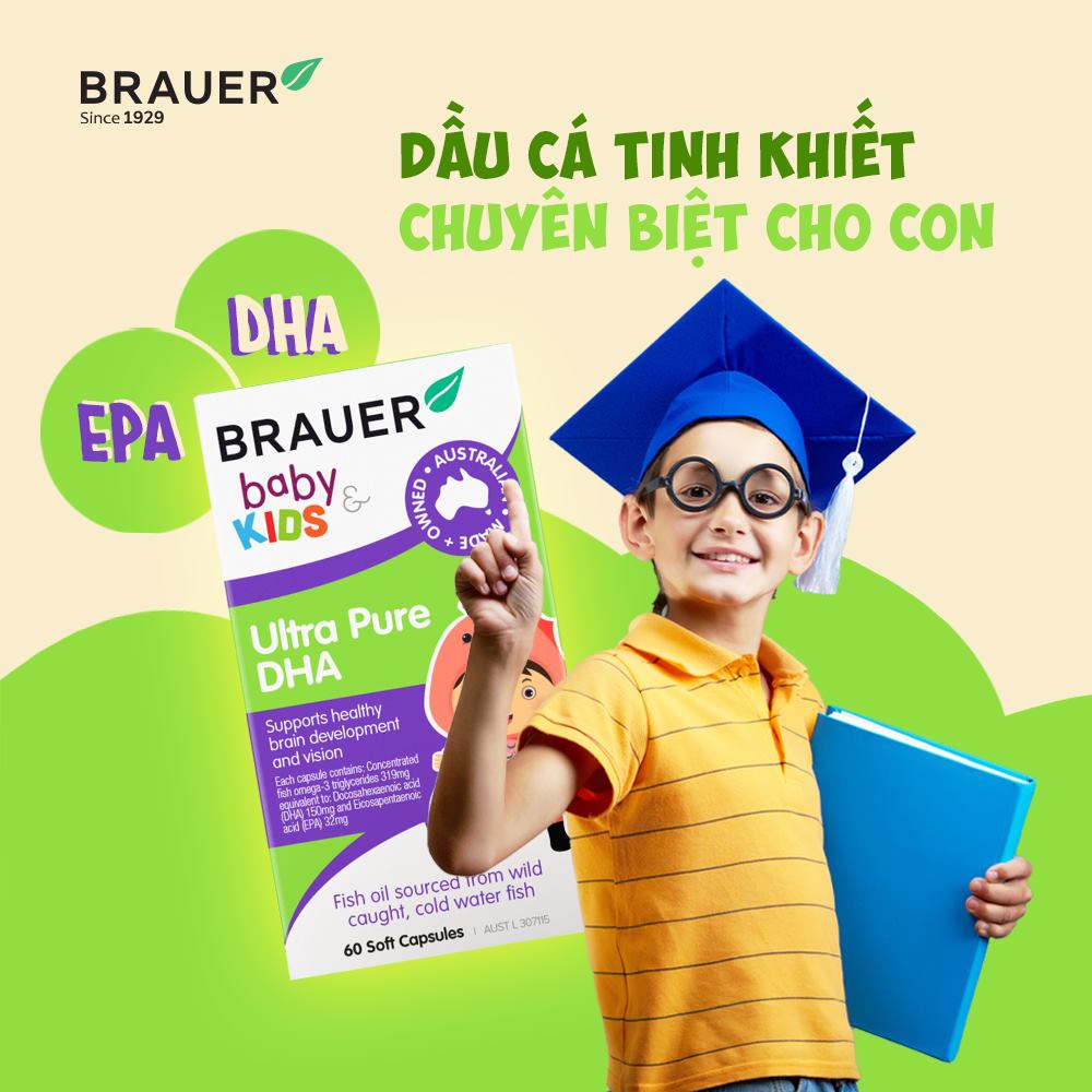 Viên mềm bổ sung DHA tinh khiết Brauer Baby &amp; Kids Ultra Pure DHA cho trẻ từ 7 tháng tuổi (60 viên)