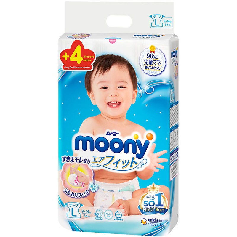 Tã Dán Cao Cấp Moony Nhật Bản L54 (54 Miếng ) - Tặng 4 miếng trong gói